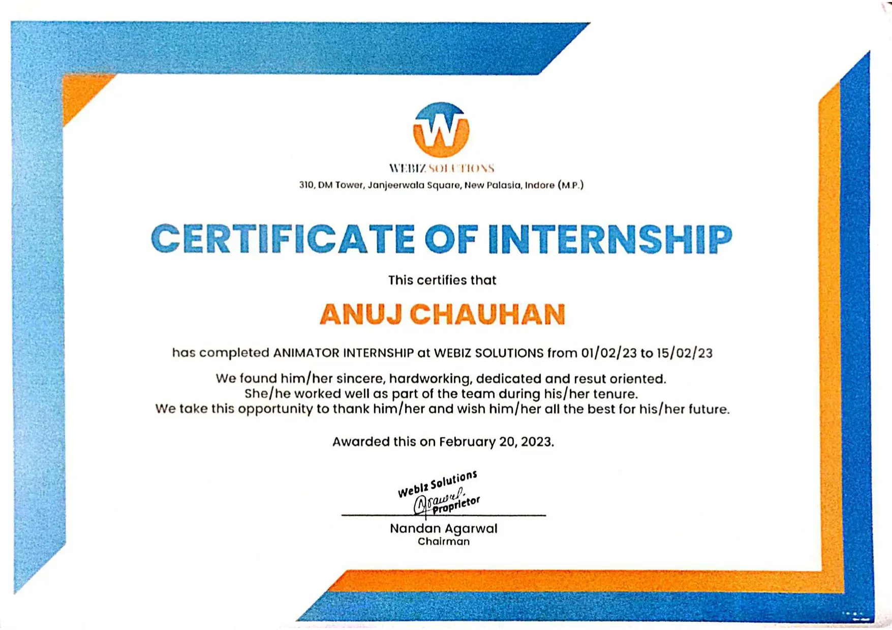 Internship Certificate Webiz Solution 